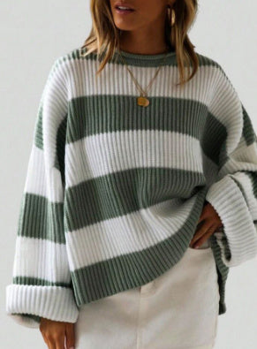 Loose Striped Sweater Fashion Casual Long Batwing Sleeve Round Neck Pullover Knit Tops Koalakits36