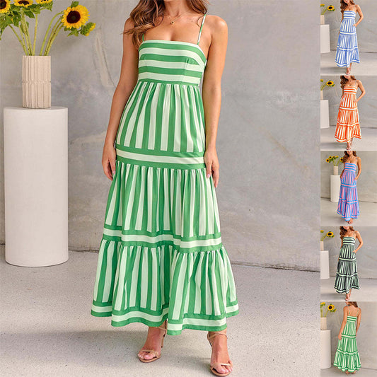 Striped Printed Suspender Long Dress - Suspender Dresses | Koalakits36