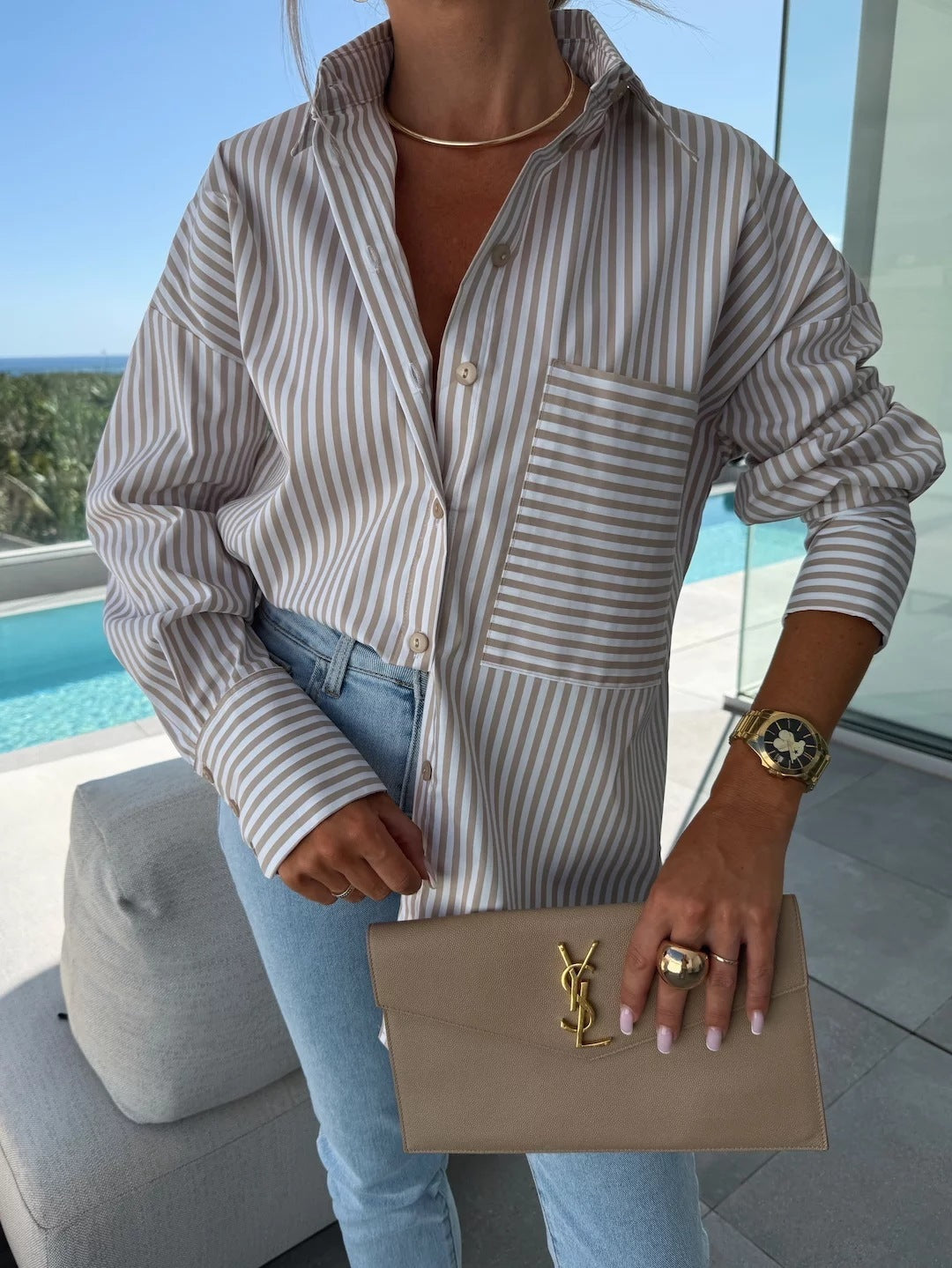 Long Sleeve Lapel Striped Print Lapel Shirt With Irregular Hem Button Placket Casual Loose | Koalakits36