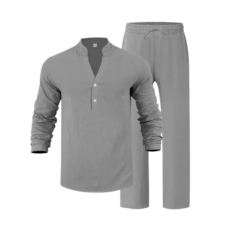 Mens Loose-Fit Long-sleeved Suit Casual Breathable V-Neck Henley Shirt And Long Pants Set Beach Clothing