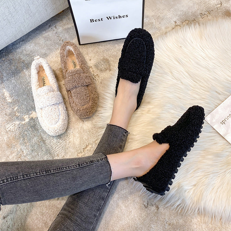 Winter Plush Flats Shoes Ins Fashion Slip On Loafers Women's Warm Peas Shoes Koalakits36