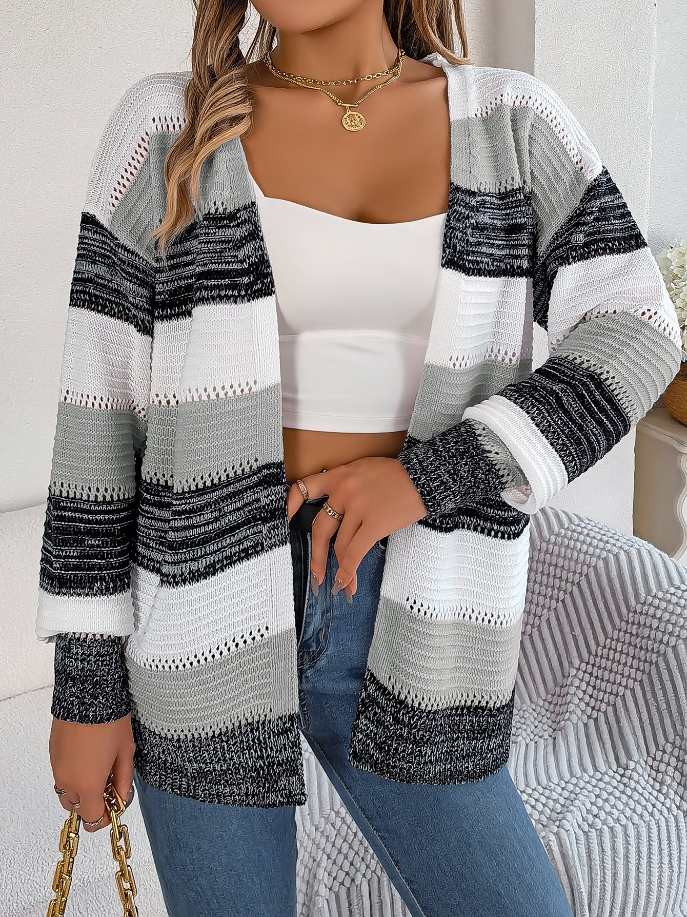 Women Casual Color Block Stripe Lantern Sleeve Cardigan Sweater Coat Koalakits36