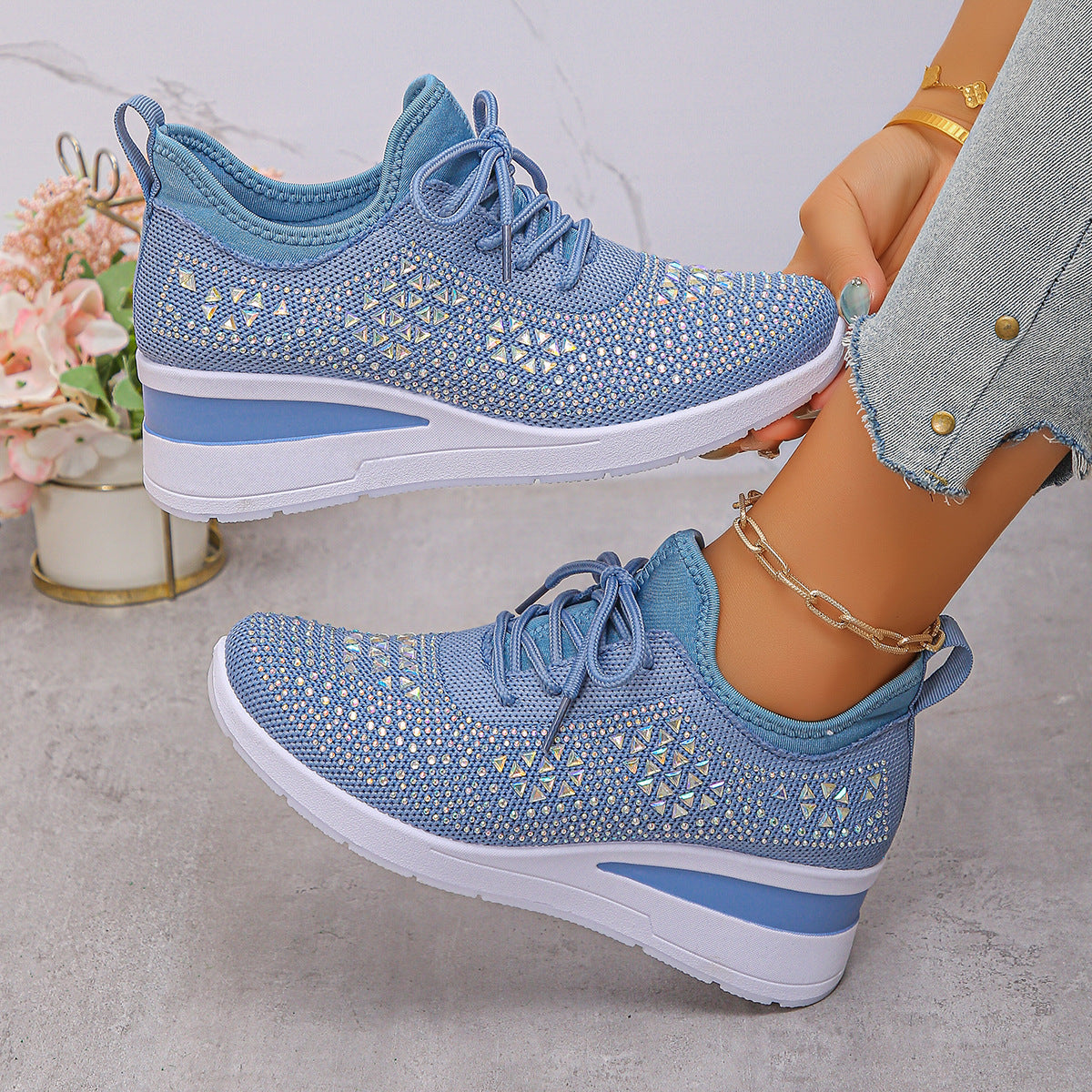 Rhinestone Sneakers Fashion Lace Up Wedges Casual Shoes Women's Daily Commuting Sports Shoes Koalakits36
