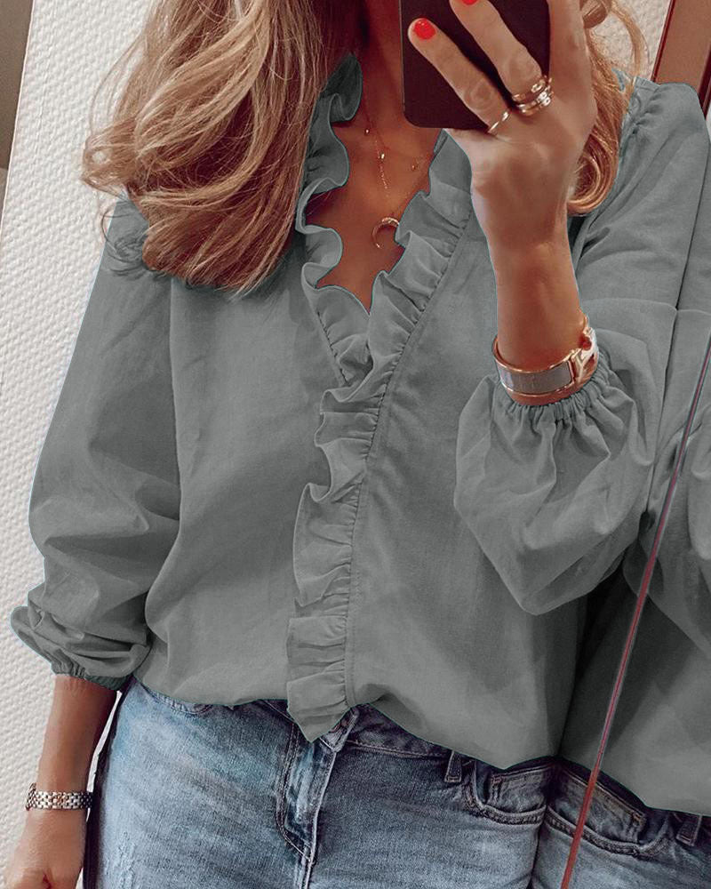 Ruffle Blouse Office Commuting Long-sleeved Pullover Shirt Women's Fashion Casual Daily Tops Koalakits36