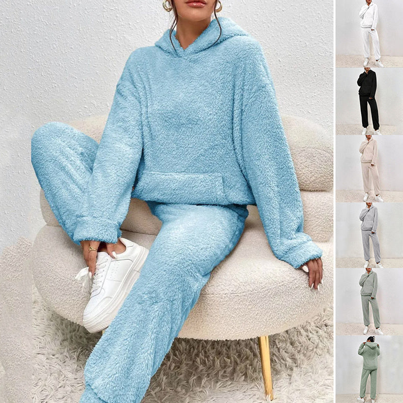 Winter Plush Pajama Set Fashion Casual Hooded Top And Elastic Band Pants Warm Sofa Carpet Home Clothes Koalakits36