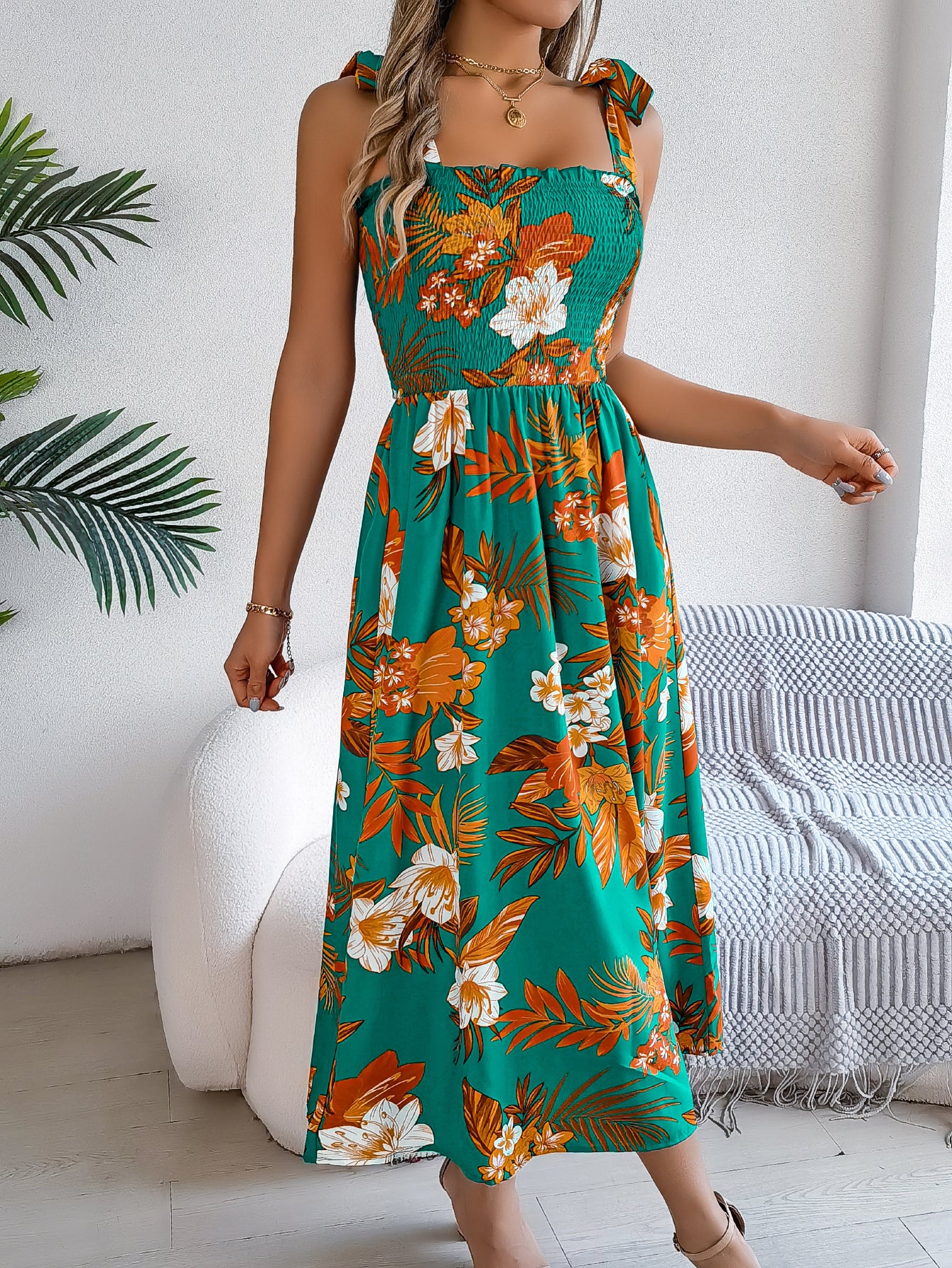 Women's Floral Print Tie Waist Camisole Beach Vacation Maxi Dress