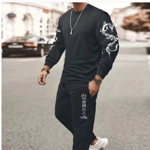 Men's Long-sleeved Suit Slim Crew Neck Pullover T-shirt And Pockets Drawstring Pants Casual Trousers Koalakits36