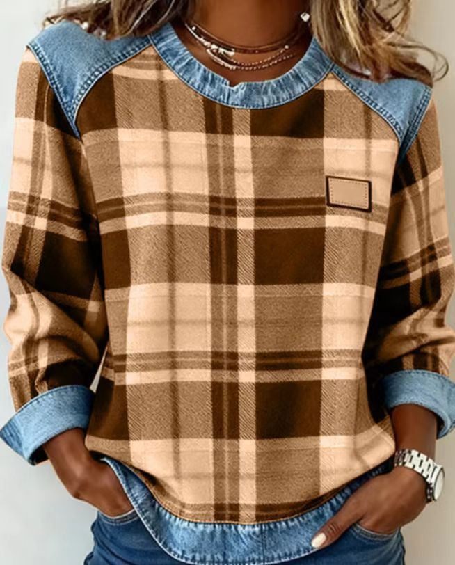 Denim Patchwork Sweatshirt for Women | Long Sleeve Pullover