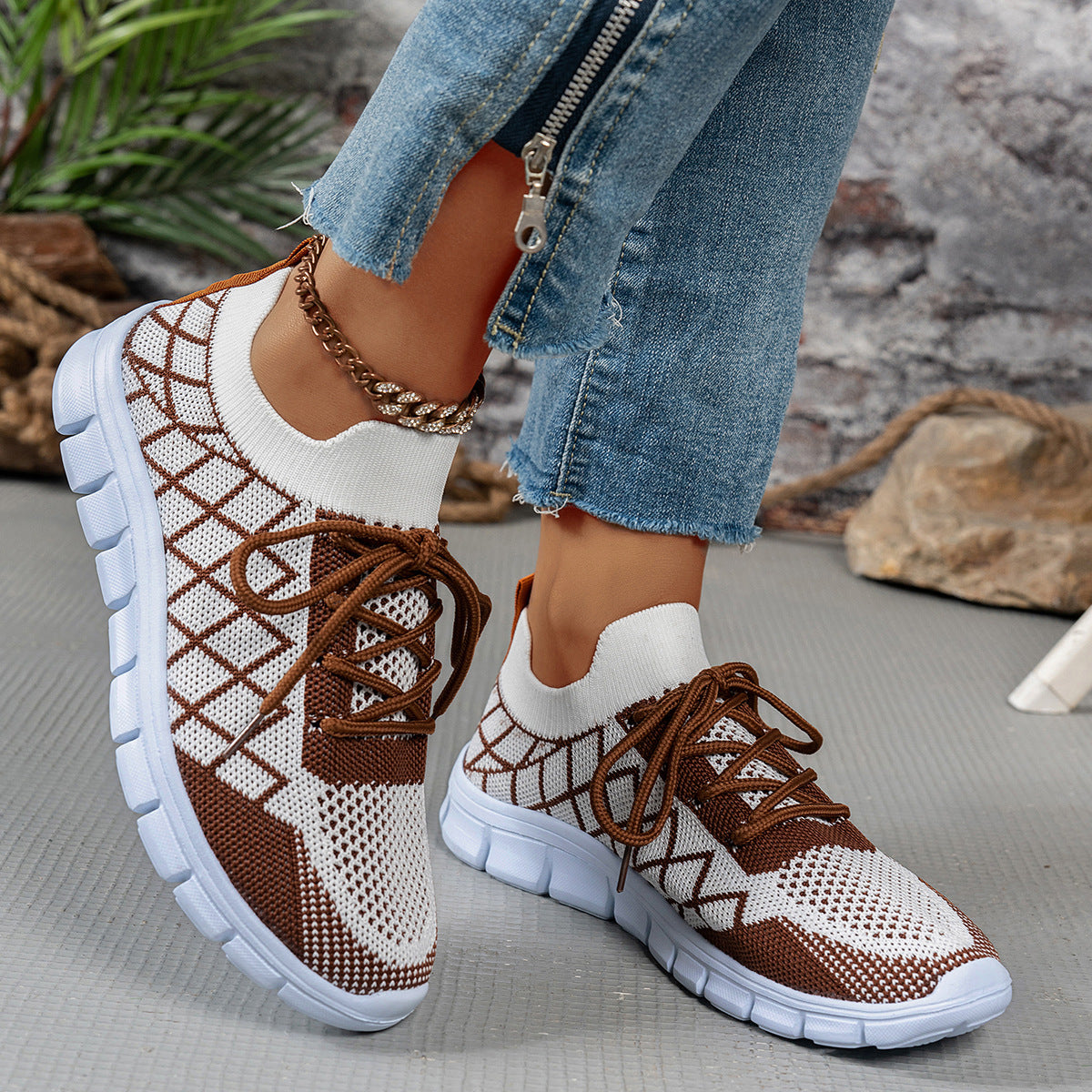 Colorblock Plaid Lace-Up Flyknit Sneakers Ins Mesh Casual Shoes Fashion Breathable | Koalakits36