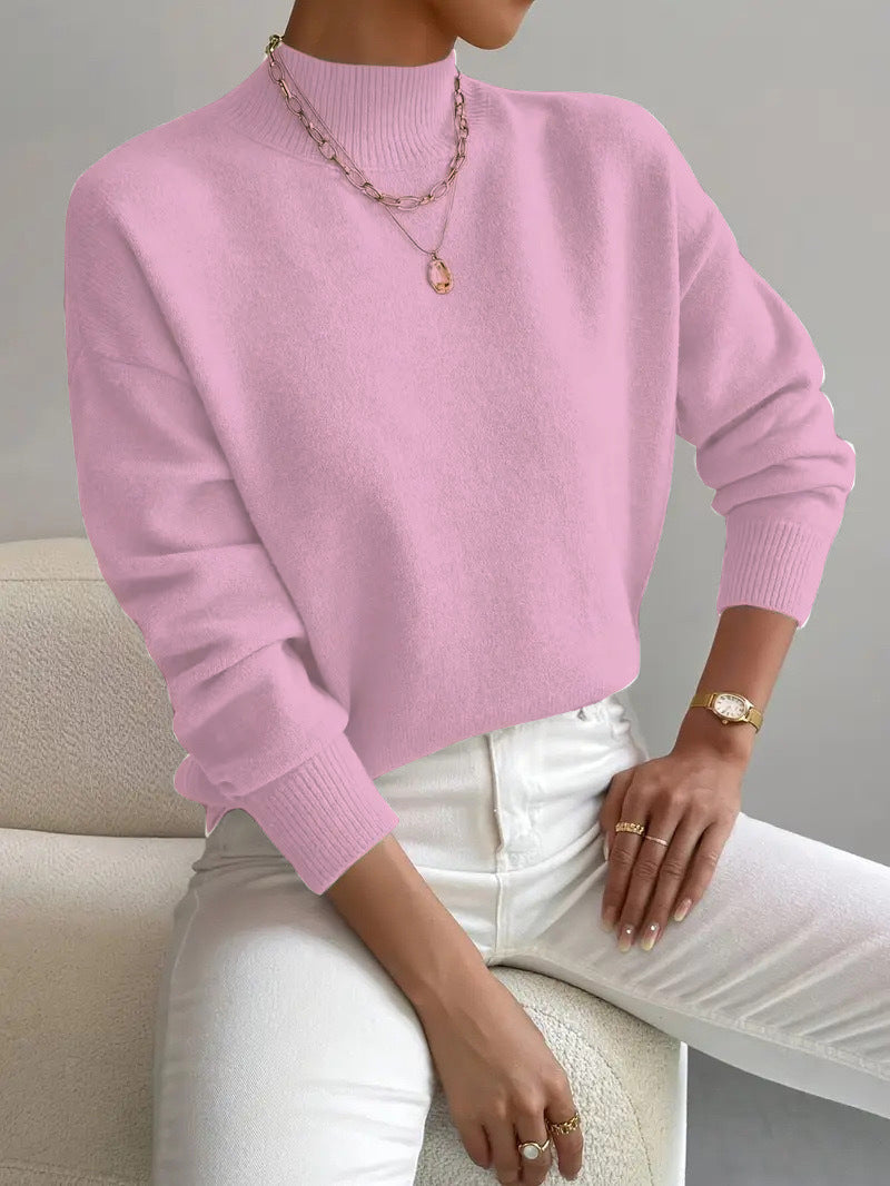 Women's Pullover Sweater Casual Solid Color Mid-high Neck Long-sleeved Knitted Tops koalakits36