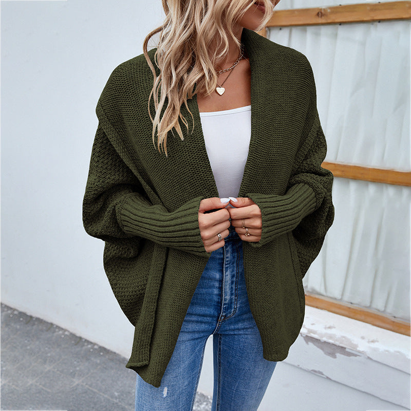 Loose Knitted Sweater Solid Color Bat Sleeve Large Lapel Cardigan 