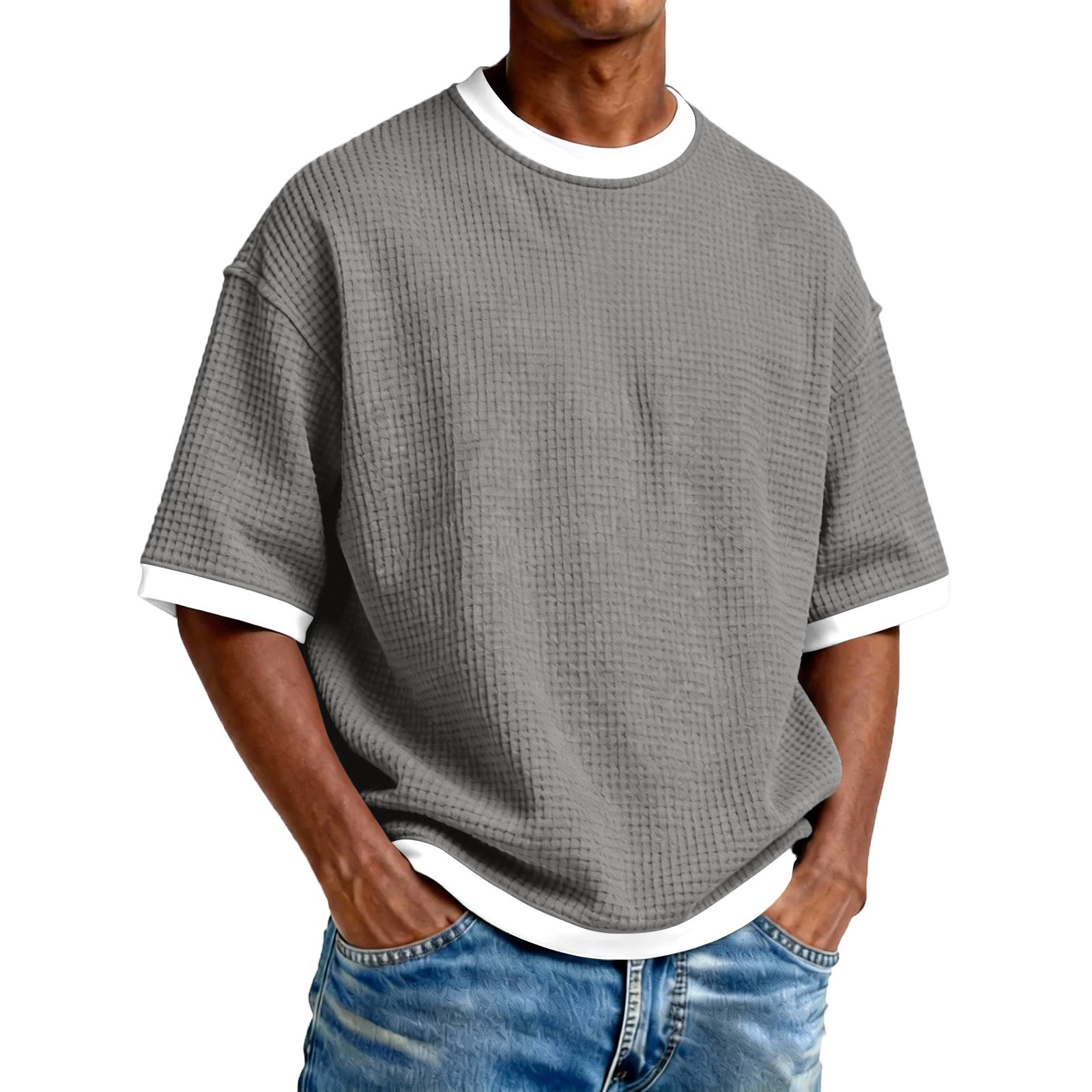 Men's Crew Neck Contrast Color Casual T-Shirt - Cotton Blend Lightweight Short Sleeve Top For Daily Wear