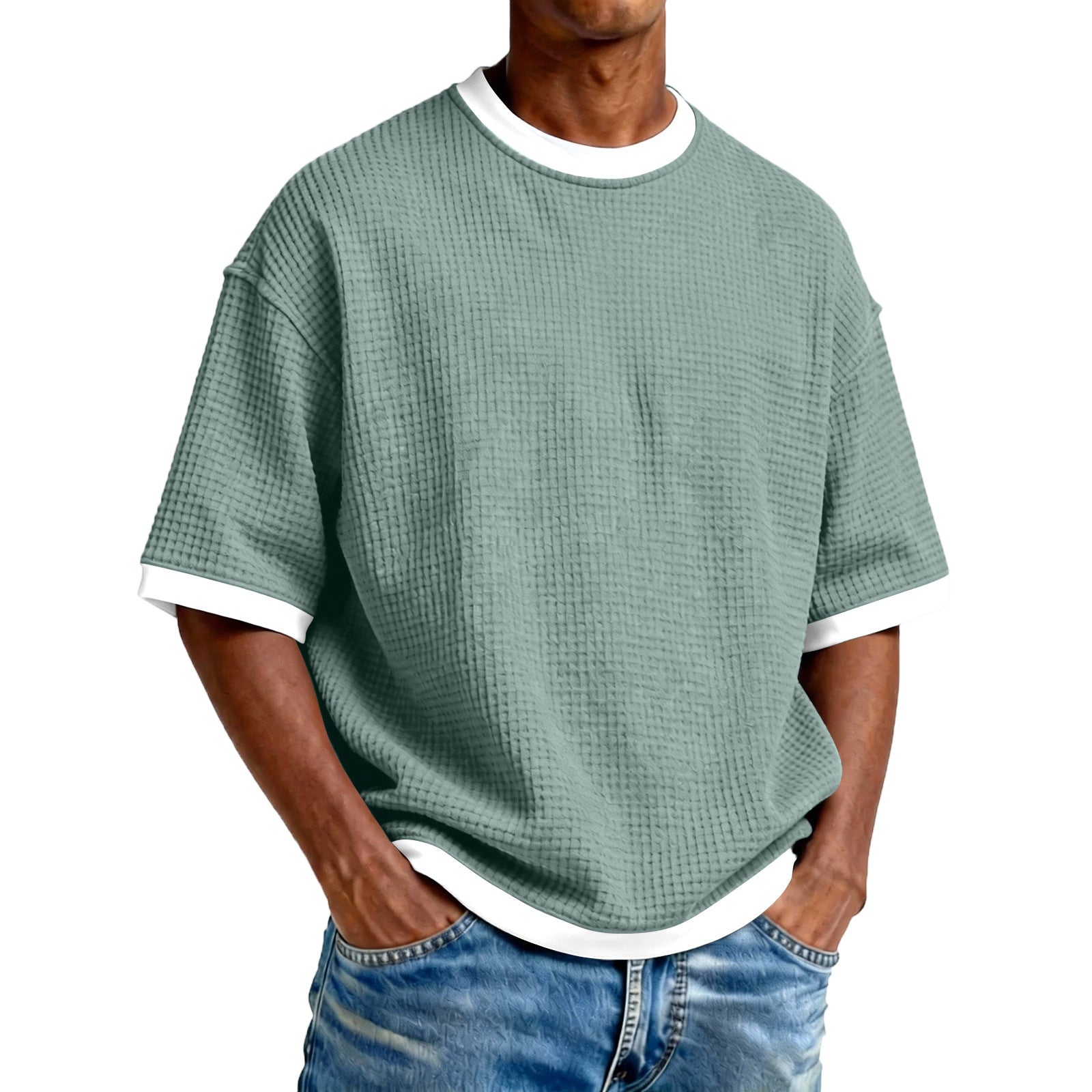 Men's Crew Neck Contrast Color Casual T-Shirt - Cotton Blend Lightweight Short Sleeve Top For Daily Wear