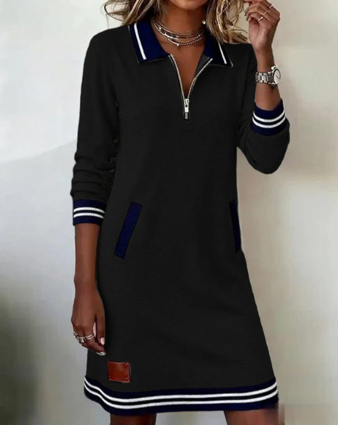 Women Casual Sports Dress Fashion Lapel Zipper Pockets Long Sleeve Dresses Koalakits36