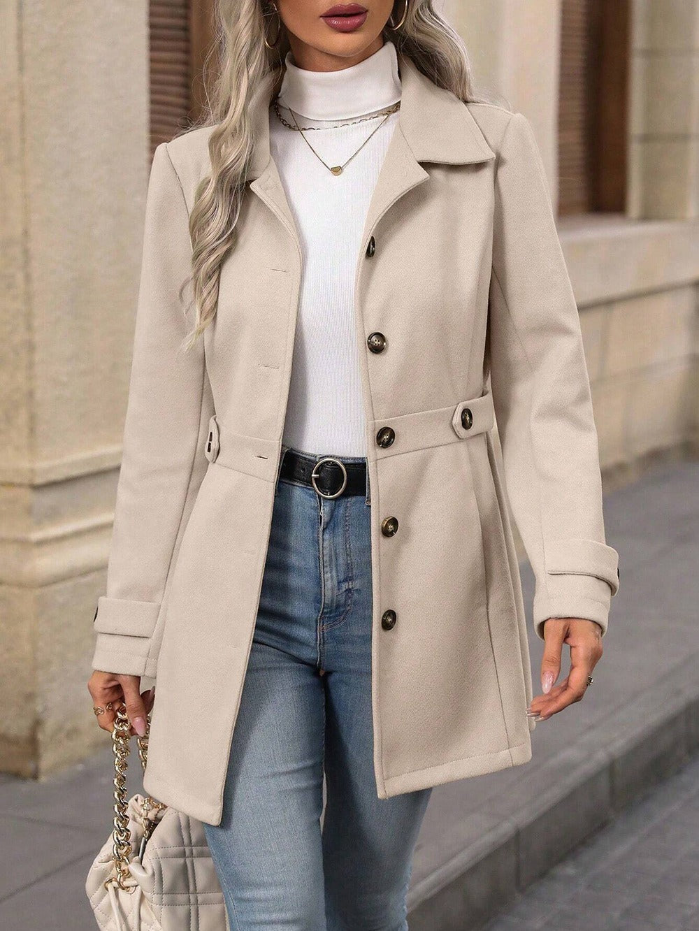 Elegant Single-breasted Woolen Coat Buttons Lapel Mid-length Jacket Women's Clothing