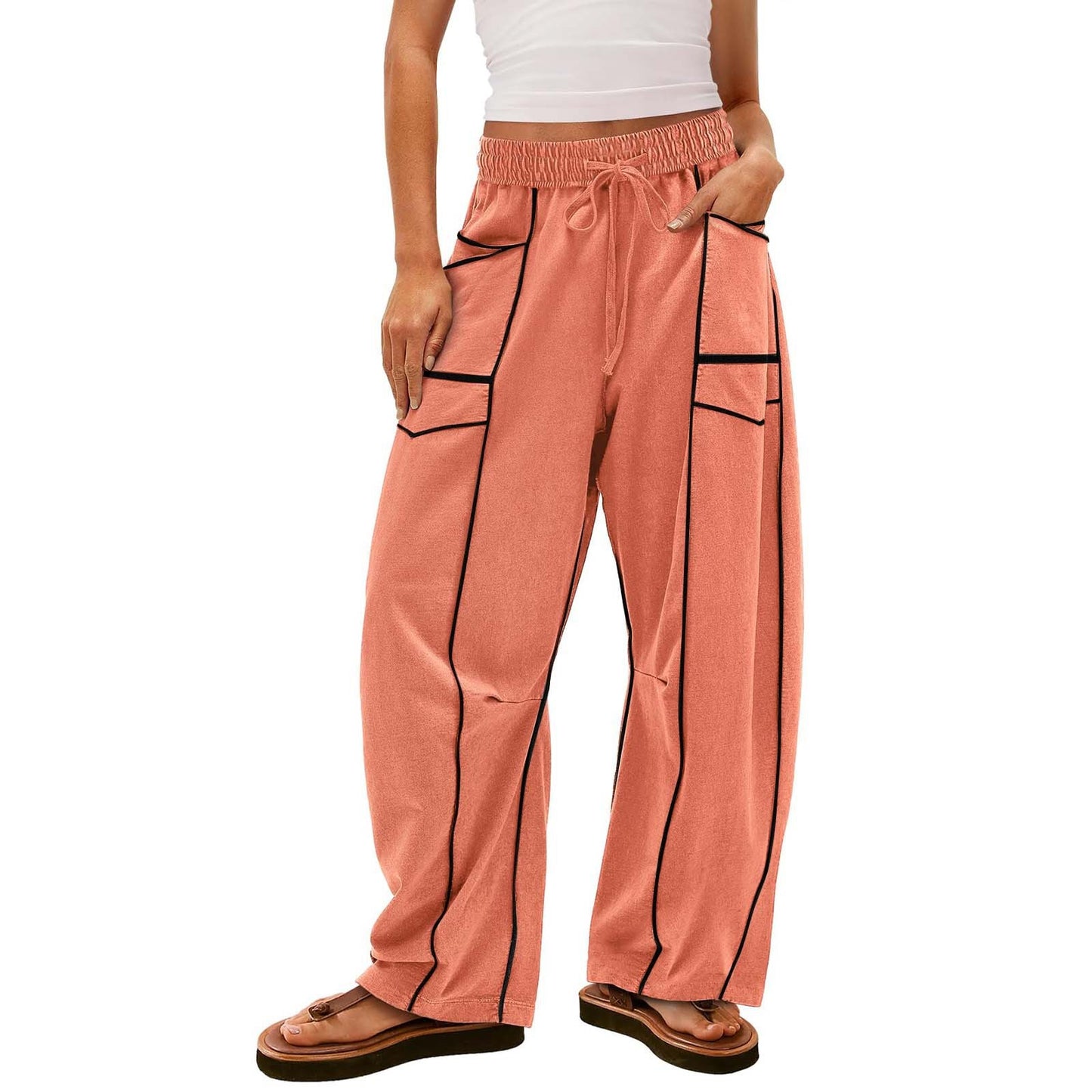  BLACK STRIPED WIDE-LEG PANTS WITH POCKETS FASHION LOOSE DRAWSTRING TROUSERS | Koalakits36