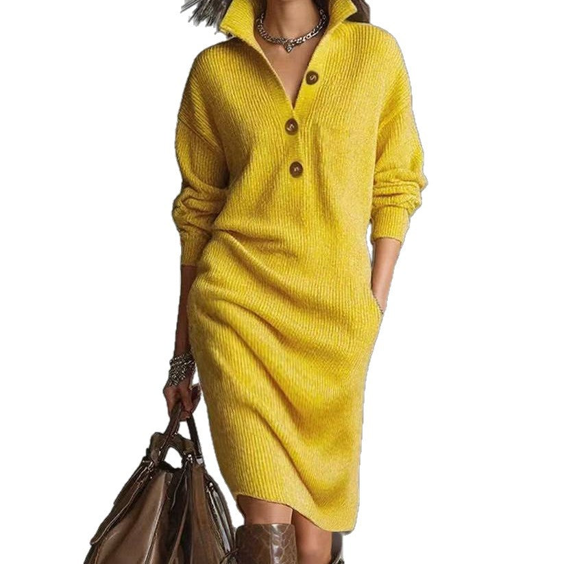 Long-sleeved Sweater Dress Fashion Warm Stand-up Collar V-neck Button Pullover Dresses Winter Casual Koalakits36
