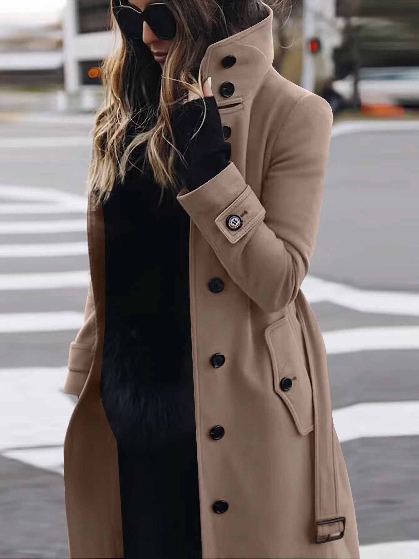 Woolen Winter Coat Women's Slim Fit Cardigan Large Coat with Long Sleeve Single Breasted Stand Collar Koalakits36