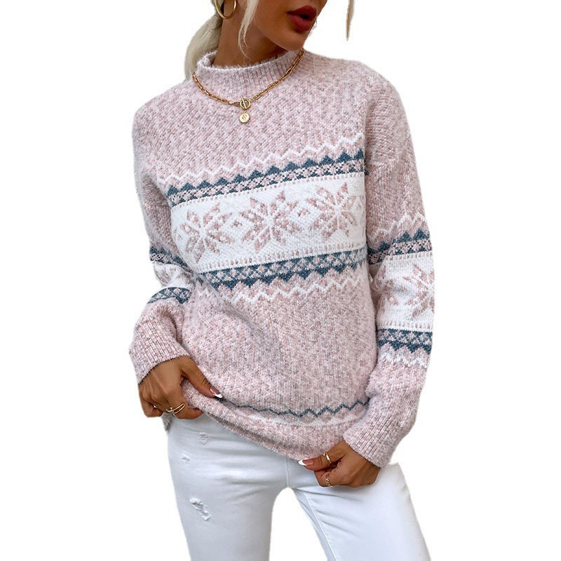 Winter Snowflake Sweater Fashion Half Turtleneck Pullover Knitted Tops Women's Christmas Clothing Koalakits36