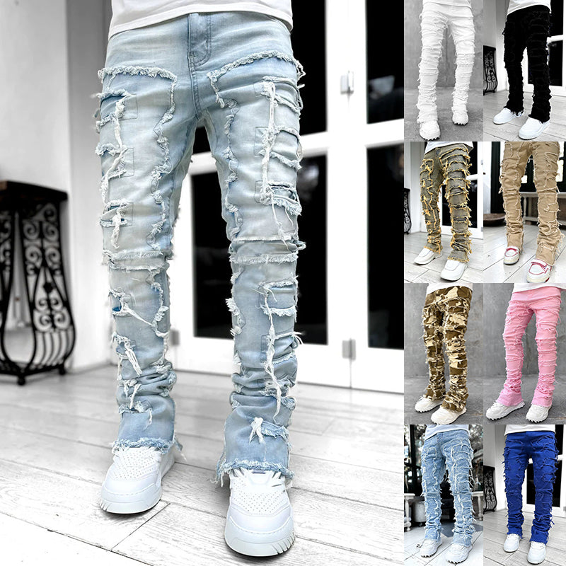 Fringes Ripped Trousers Individual Patched Pants Long Tight Fit Stacked Jeans For Mens Clothing Koalakits36