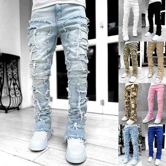 Fringes Ripped Trousers Individual Patched Pants Long Tight Fit Stacked Jeans For Mens Clothing Koalakits36