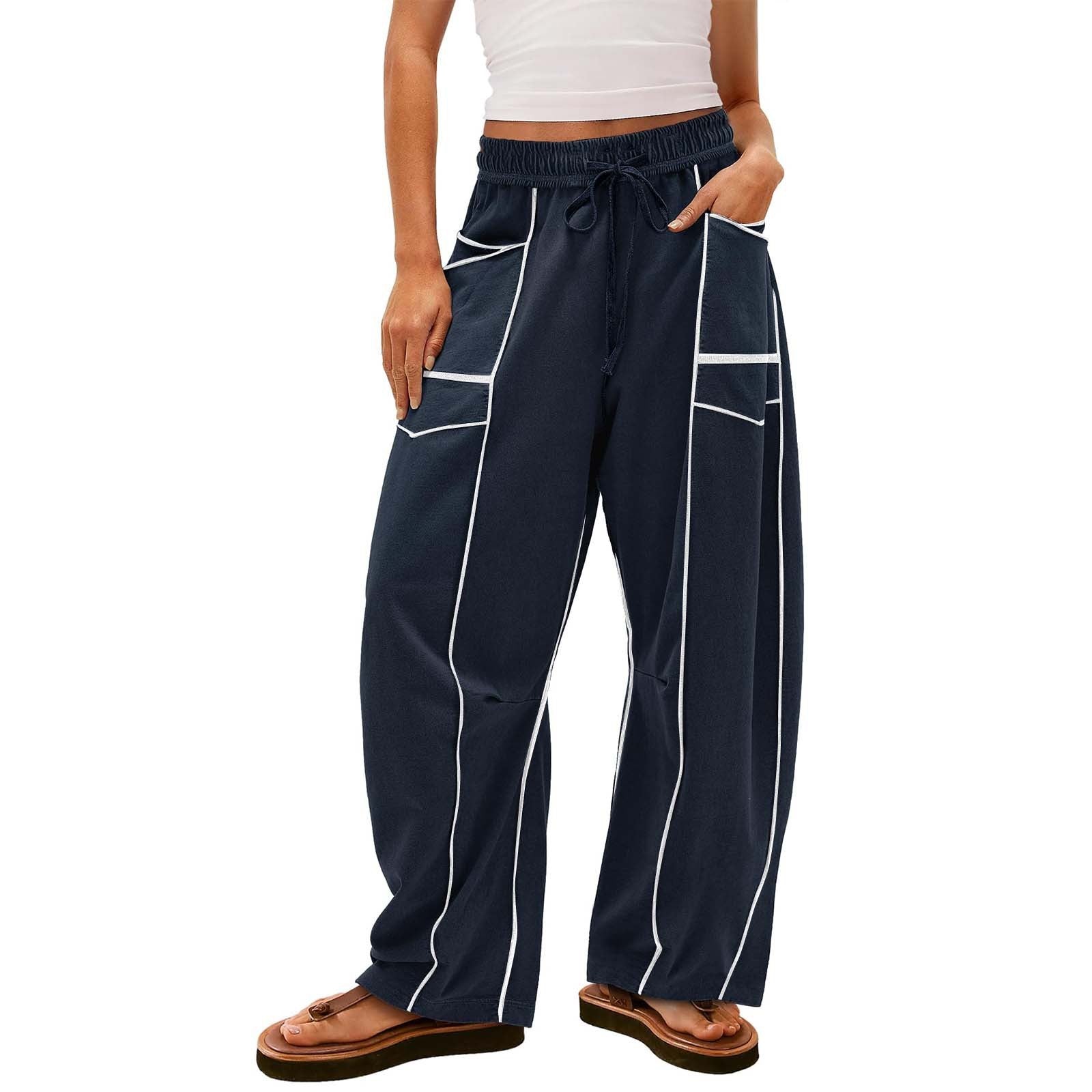  BLACK STRIPED WIDE-LEG PANTS WITH POCKETS FASHION LOOSE DRAWSTRING TROUSERS | Koalakits36