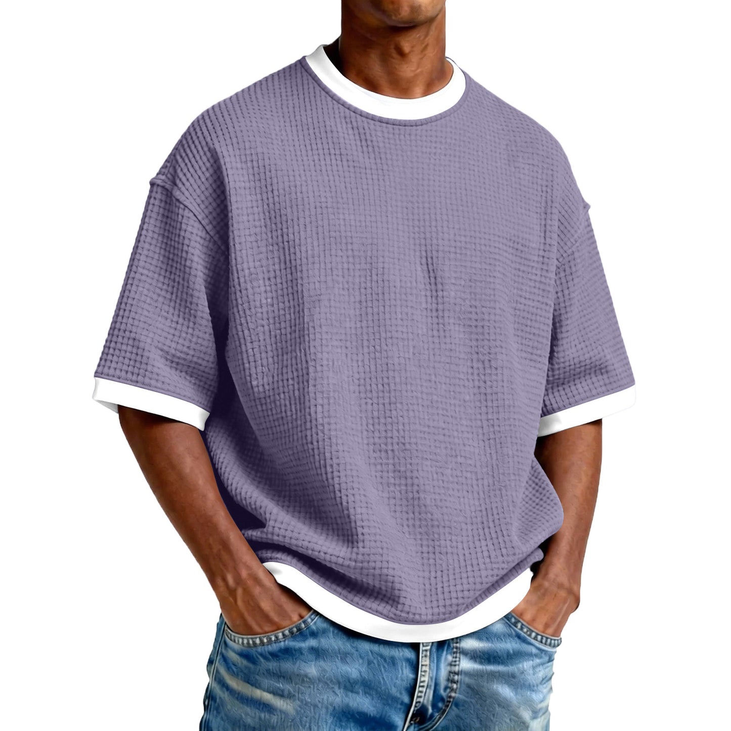 Men's Crew Neck Contrast Color Casual T-Shirt - Cotton Blend Lightweight Short Sleeve Top For Daily Wear