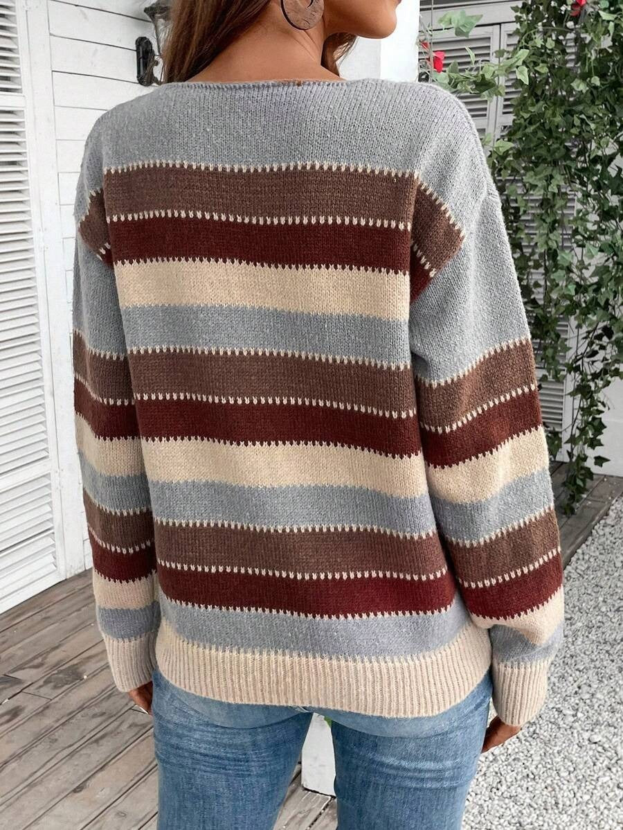 Colorblock Striped Pullover Sweater Fashion Casual Long Sleeve Top Autumn And Winter Clothing Koalakits36