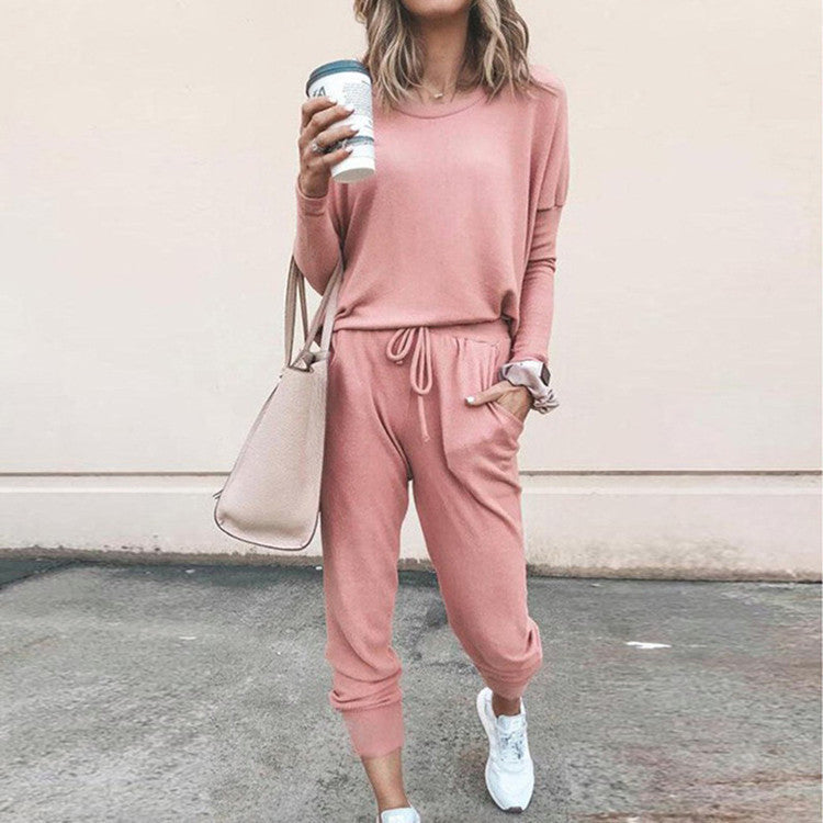 Women's Long Sleeve Suit Fashion Pullover Top And Pockets Drawstring Long Pants Solid Color Casual Sports Trouser Suit Clothing Koalakits36