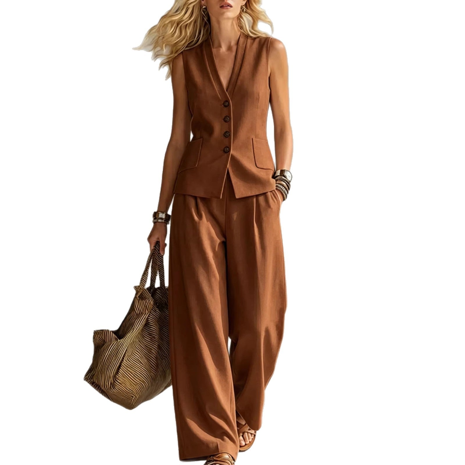 Two-piece V-Neck Sleeveless Vest And Wide Leg Pants For Women Summer Solid-Colored Sleeveless Casual Linen Tank Top And Pants Set