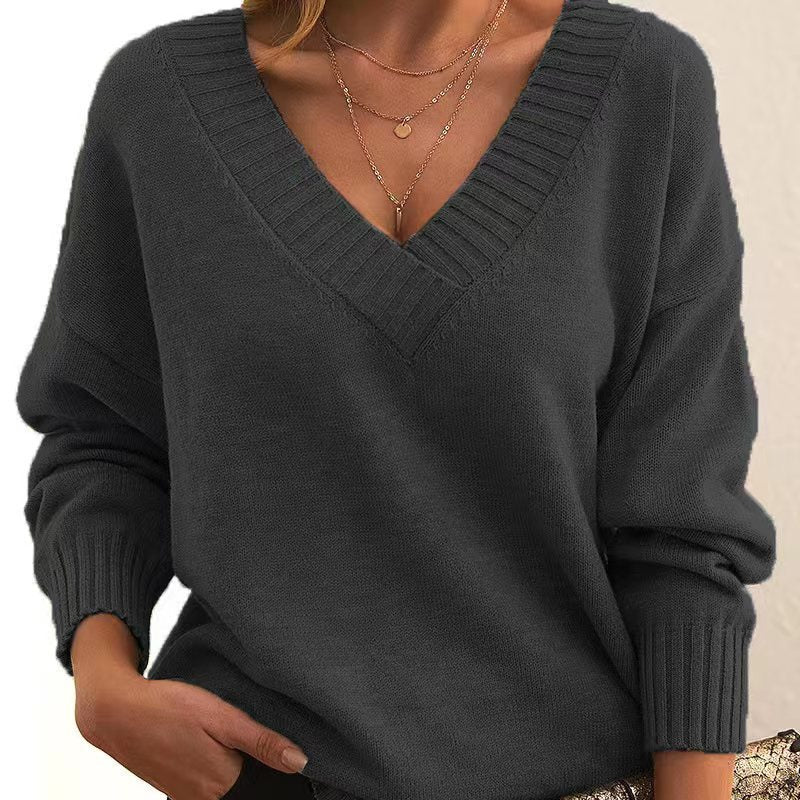 Solid V-neck Sweater Fashion Loose Long-sleeved Knitted Women's Tops Koalakits36