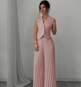 Summer Sleeveless Suit Fashion Lapel Button Vest Top And Pleated Straight Pants | Koalakits36