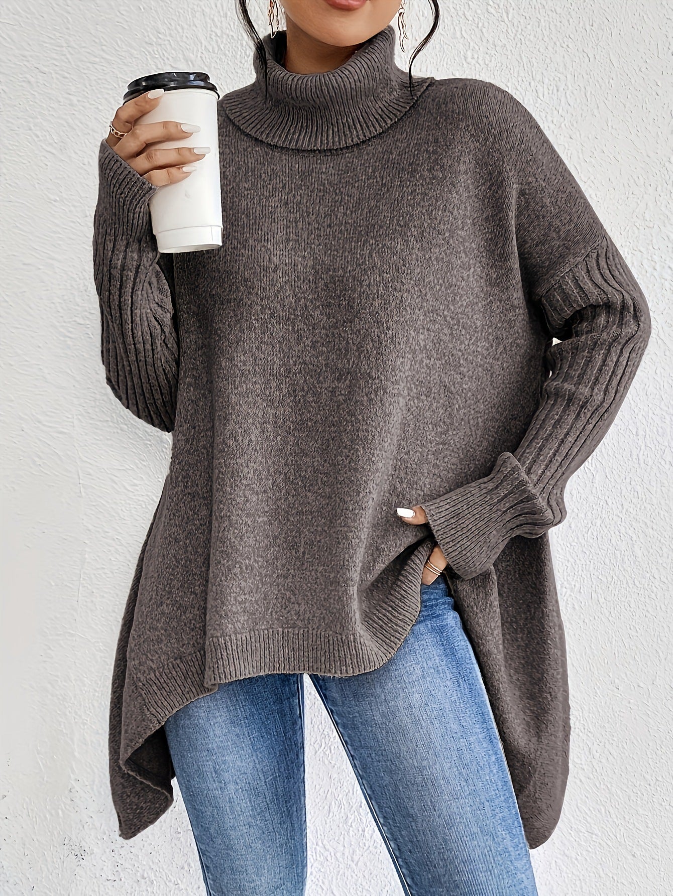 Irregular Turtleneck Sweater Winter Loose Long Sleeve Knitted Tops Leisure Warm Pullover Sweater Koalakits36