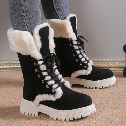 Winter Lace-up Snow Boots For Women Mid-tube Fleece Shoes Warm Chunky Heels Plush Boot Koalakits36