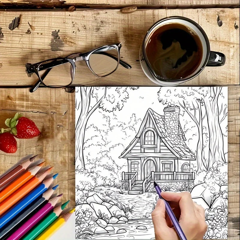 Forest House Coloring Book Coloring Book For Adult Stress Reduction Colouring Book Valentine's Day Gifting, Birthday Party Gift, Drawing Supplies