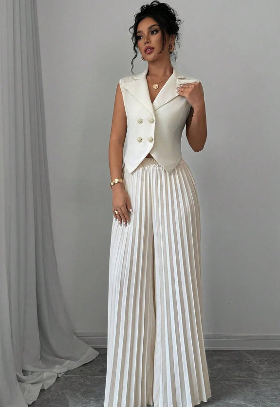 Summer Sleeveless Suit Fashion Lapel Button Vest Top And Pleated Straight Pants | Koalakits36