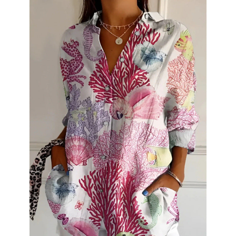 Floral Print Long-sleeved Shirt Women's Casual Button Tops Clothing | Koalakits36