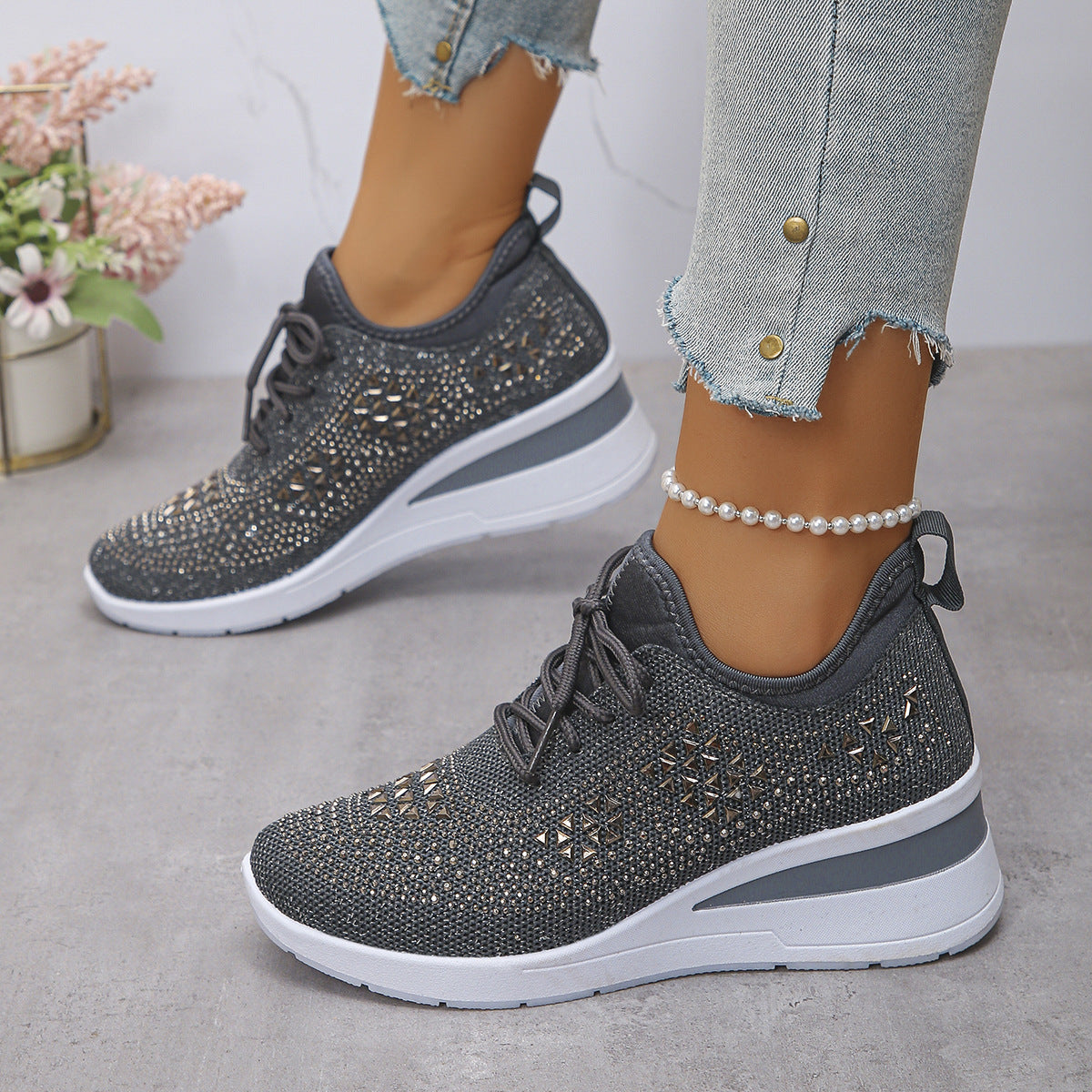 Rhinestone Sneakers Fashion Lace Up Wedges Casual Shoes Women's Daily Commuting Sports Shoes Koalakits36