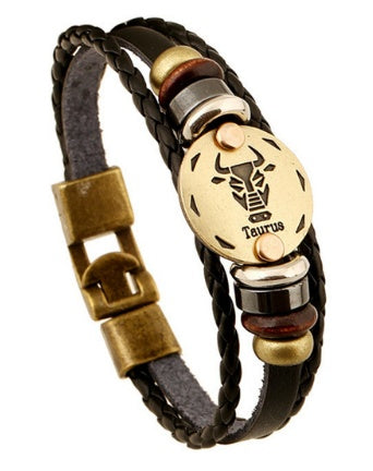 12 Zodiac Constellation Leather Bracelet – Stylish Metal Sign Charm & Beaded Wristband for Men and Women