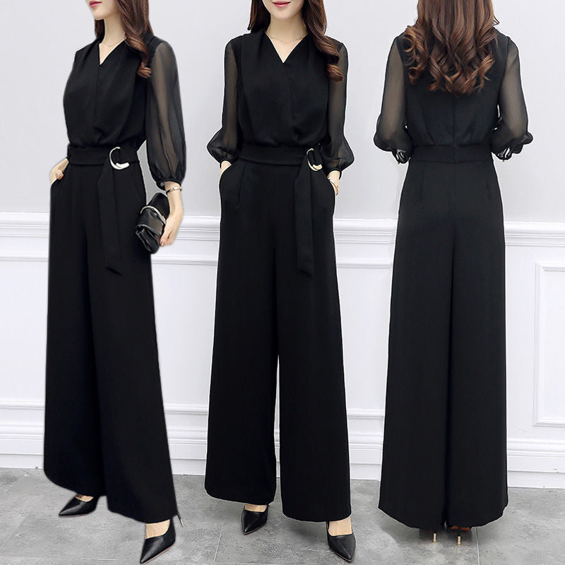 High-waisted Casual Black Three-quarter-sleeve Jumpsuit Set