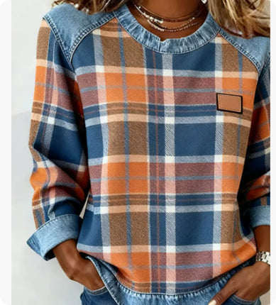 Denim Patchwork Sweatshirt for Women | Long Sleeve Pullover