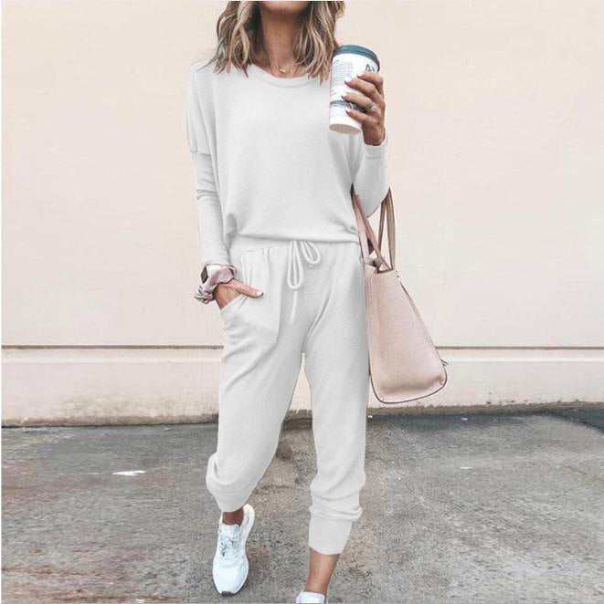Women's Long Sleeve Suit Fashion Pullover Top And Pockets Drawstring Long Pants Solid Color Casual Sports Trouser Suit Clothing Koalakits36