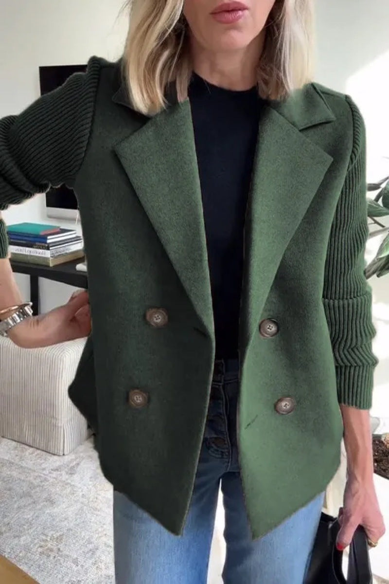Double Breasted Lapel Jacket Fashion Knitted Sleeves Splicing Design Coat Outerwear Koalakits36