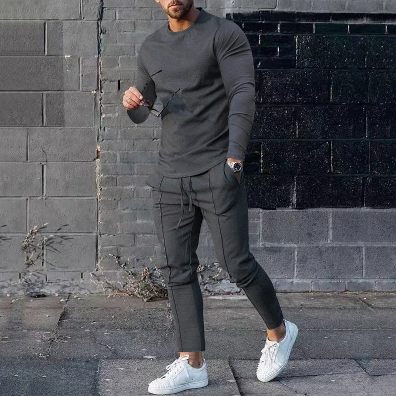 Men's Long-sleeved Suit Slim Crew Neck Pullover T-shirt And Pockets Drawstring Pants Casual Trousers Koalakits36