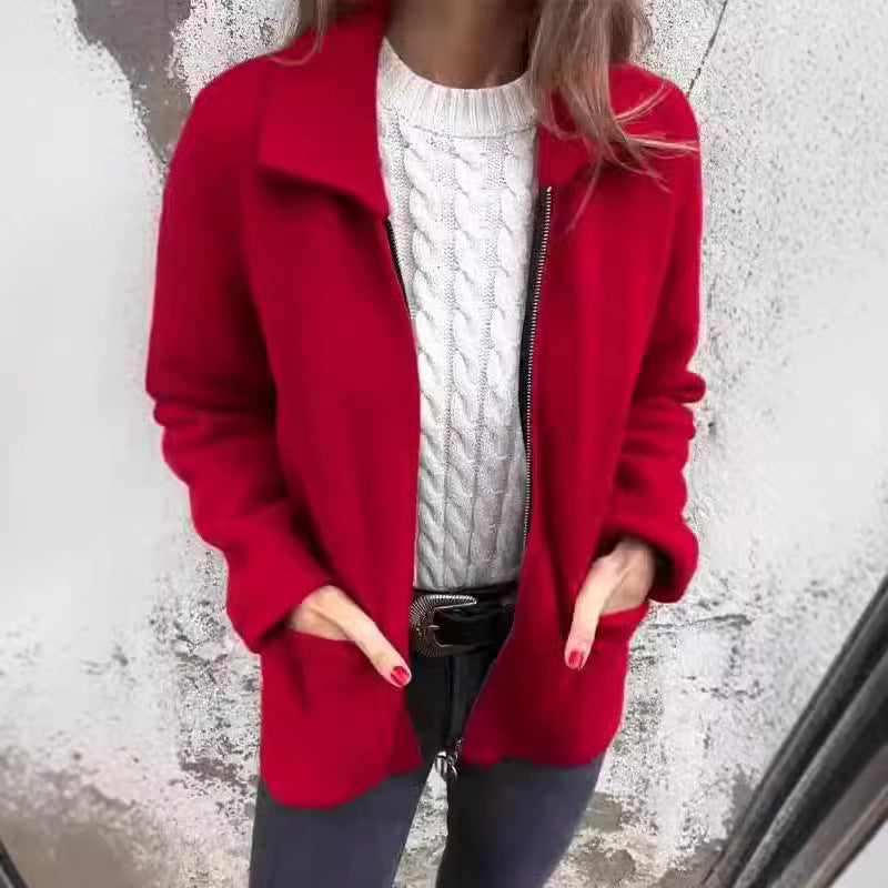 Lapel Zipper Jacket With Pockets Fashion Solid Color Coat Fall Winter