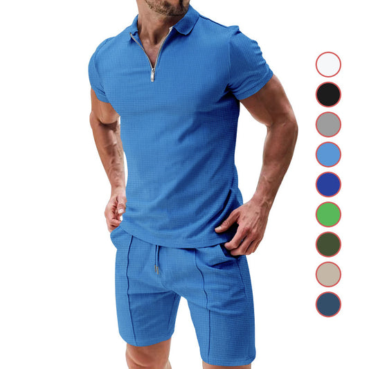Casual Waffle Suit Summer Zipper Color TShirt