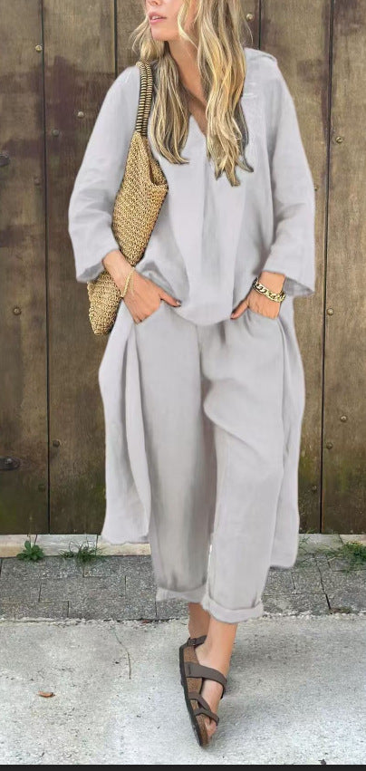 2pcs Long-sleeved Suits Loose V-neck Long Top And High Waist Wide Leg Pants | Koalakits36