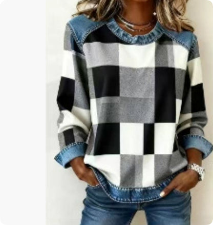 Denim Patchwork Sweatshirt for Women | Long Sleeve Pullover