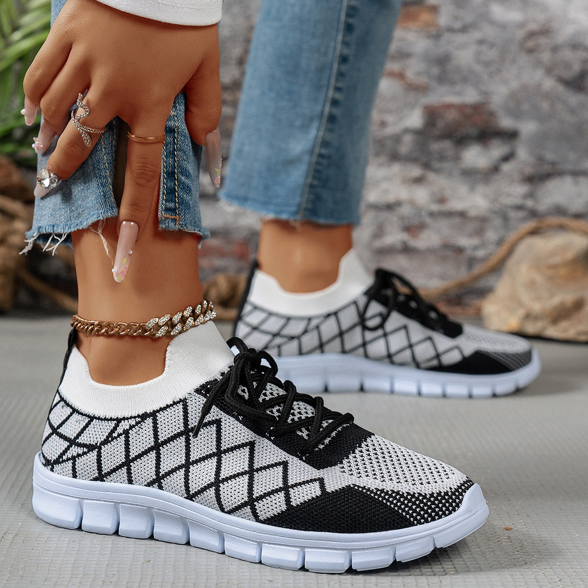 Colorblock Plaid Lace-Up Flyknit Sneakers Ins Mesh Casual Shoes Fashion Breathable | Koalakits36