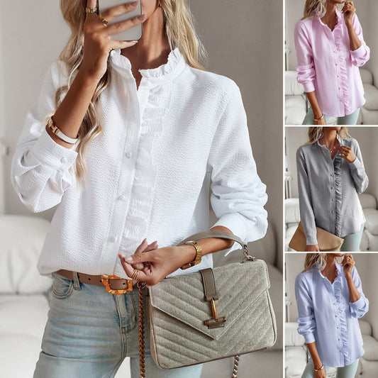 Striped Long Sleeve Shirt Fashion Ruffle Design Button Up Tops | Koalakits36